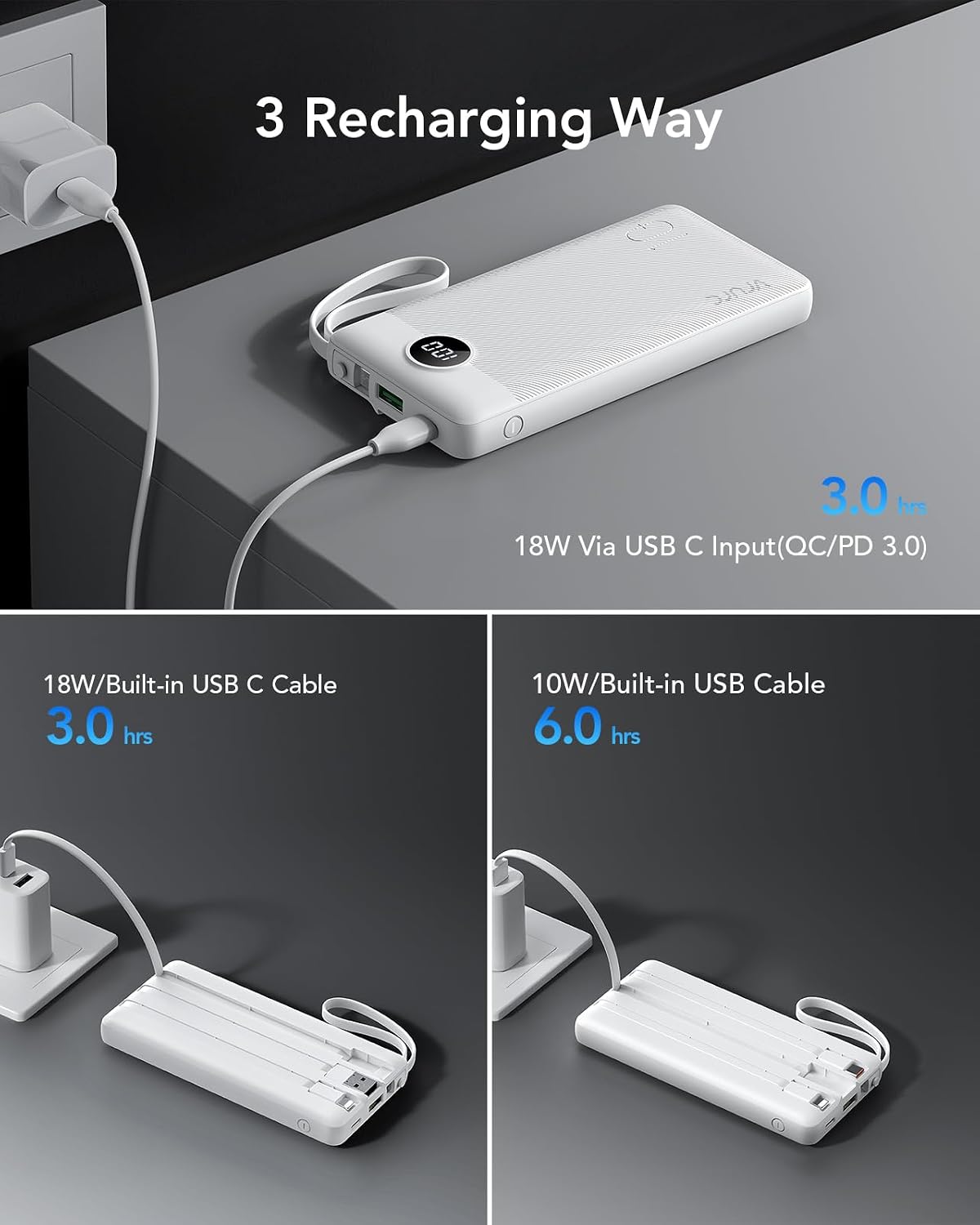 VRURC Power Bank for iPhone, 22.5W Portable Charger with Built-in Cables | 10000mAh USB C In & Out Cord Portable Phone Charger,Slim Lightweight Charging Bank Travel Essentail-White(1 Pack)