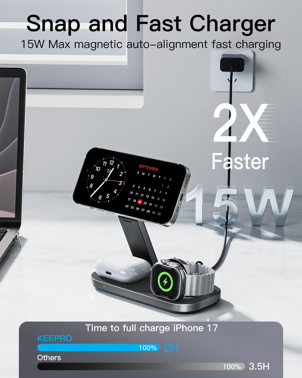 Keepro 3-in-1 Charging Station for Apple Device, Foldable Magnetic Wireless Fast Charger Stand Compatible with MagSafe for iPhone 17e/17/16/15/14/13/12/Air Series, Apple Watch & AirPods-Black