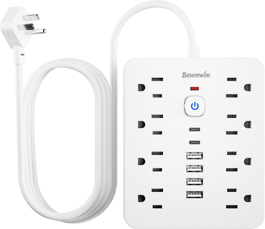 10FT Flat Plug Extension Cord Surge Protector Power Strip with 8 AC&6 USB