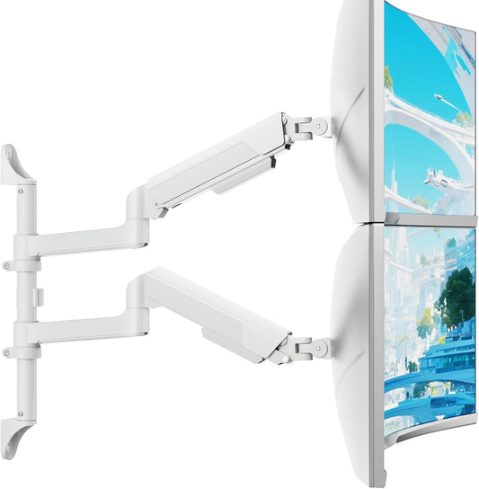 ARES WING 17-40 Inch Ultrawide Vertical Dual Monitor Wall Mount, White | Heavy Duty Monitor Arm Up to 26.4 lbs, Fully Adjustable Wall Mount, VESA 75x75/100x100 Compatible