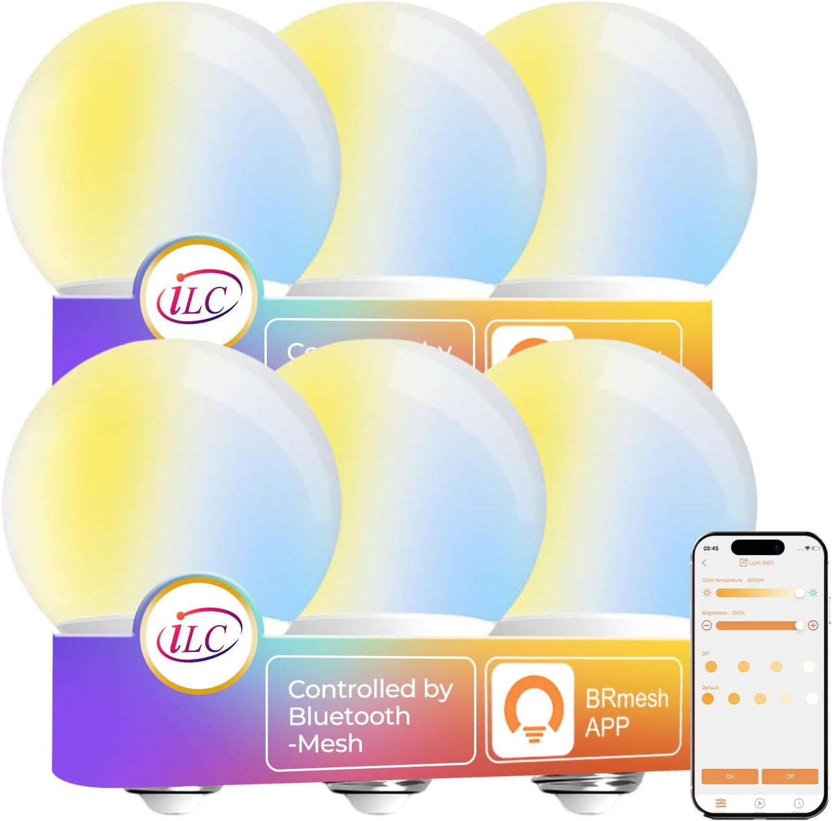 ILC G25 Globe Light Bulbs,BRMESH App-Controlled Bluetooth Mesh LED 6W Round Bulb, 60W Equivatlent, 600LM, CCT: 2700K-6000K, CRI>95+, E26 Base, 120V for Pendant fixtures, Vanity, Bathroom (6 Pack)