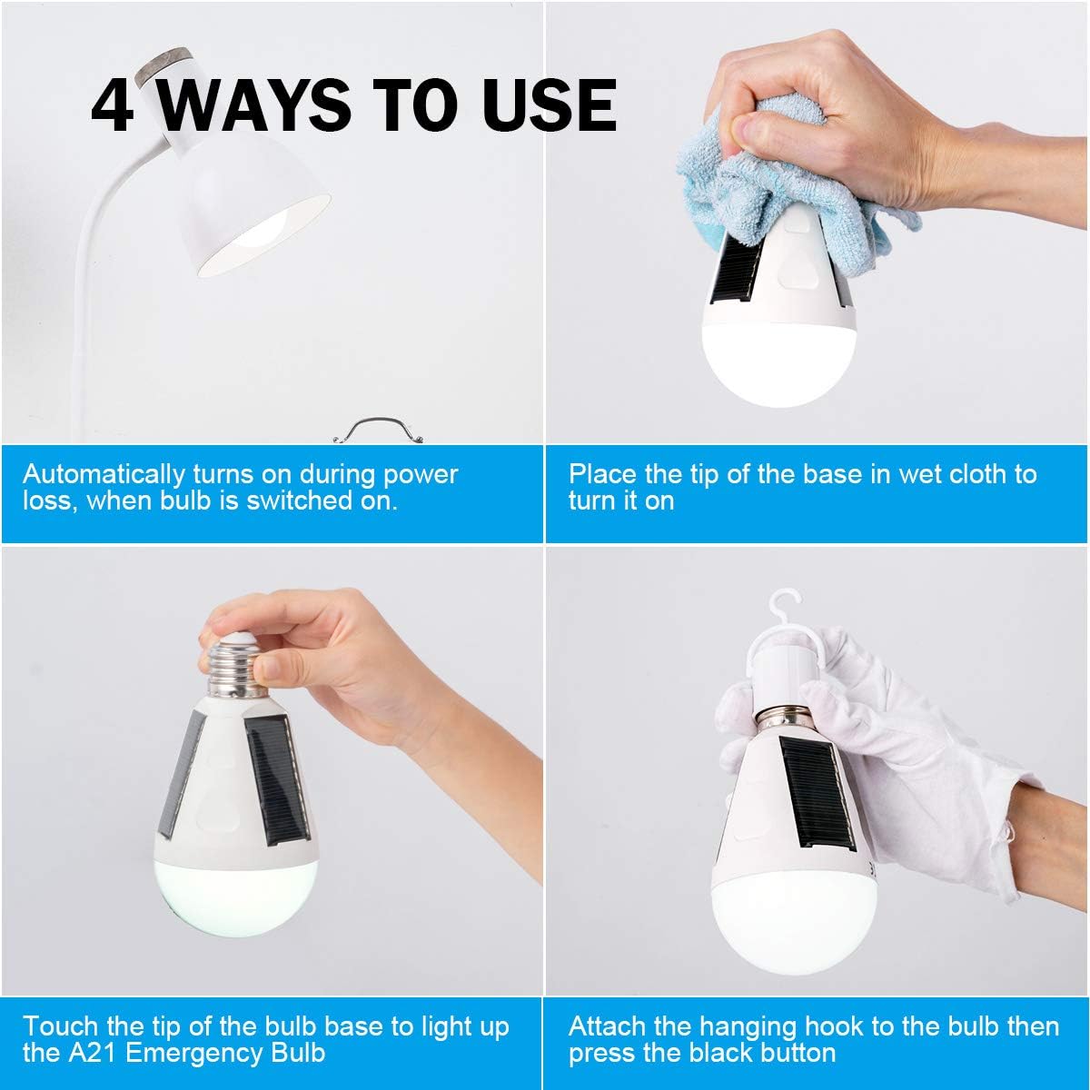 4 Pack LED Solar Emergency Light Bulbs for Home Power Failure, E26/E27 7W Rechargeable Battery Backup Bulb, Hurricane Supplies for Home, White Daylight 6000k Outdoor Hiking Camping Light
