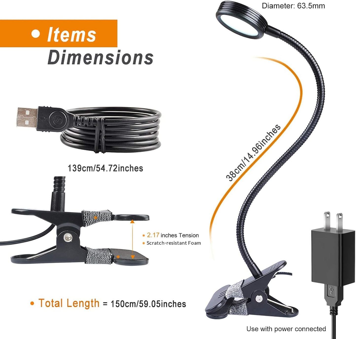 LEPOWER Clip on Light, Book Reading Lamp for Desk, Bed Headboard and Dorm | Adjustable Gooseneck, Color & Brightness Changeable, Adapter Included, LED Table Lamp for Computer, Bedside, Metal, Black