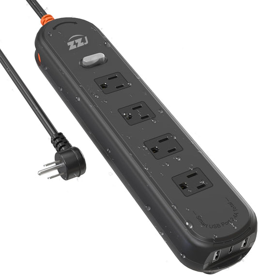 Outdoor Waterproof Power Strip IPX6, 6FT Extension Cord with 4 AC & 3 USB