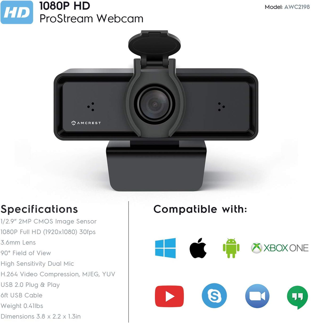 Amcrest 1080P Webcam with Microphone & Privacy Cover, 2 Noise-Cancelling Mics, USB Webcams for Desktop/Laptop PC Computer, Web Cam for Calls, Conference, Zoom, Skype, Online Classes, Meetings AWC2198