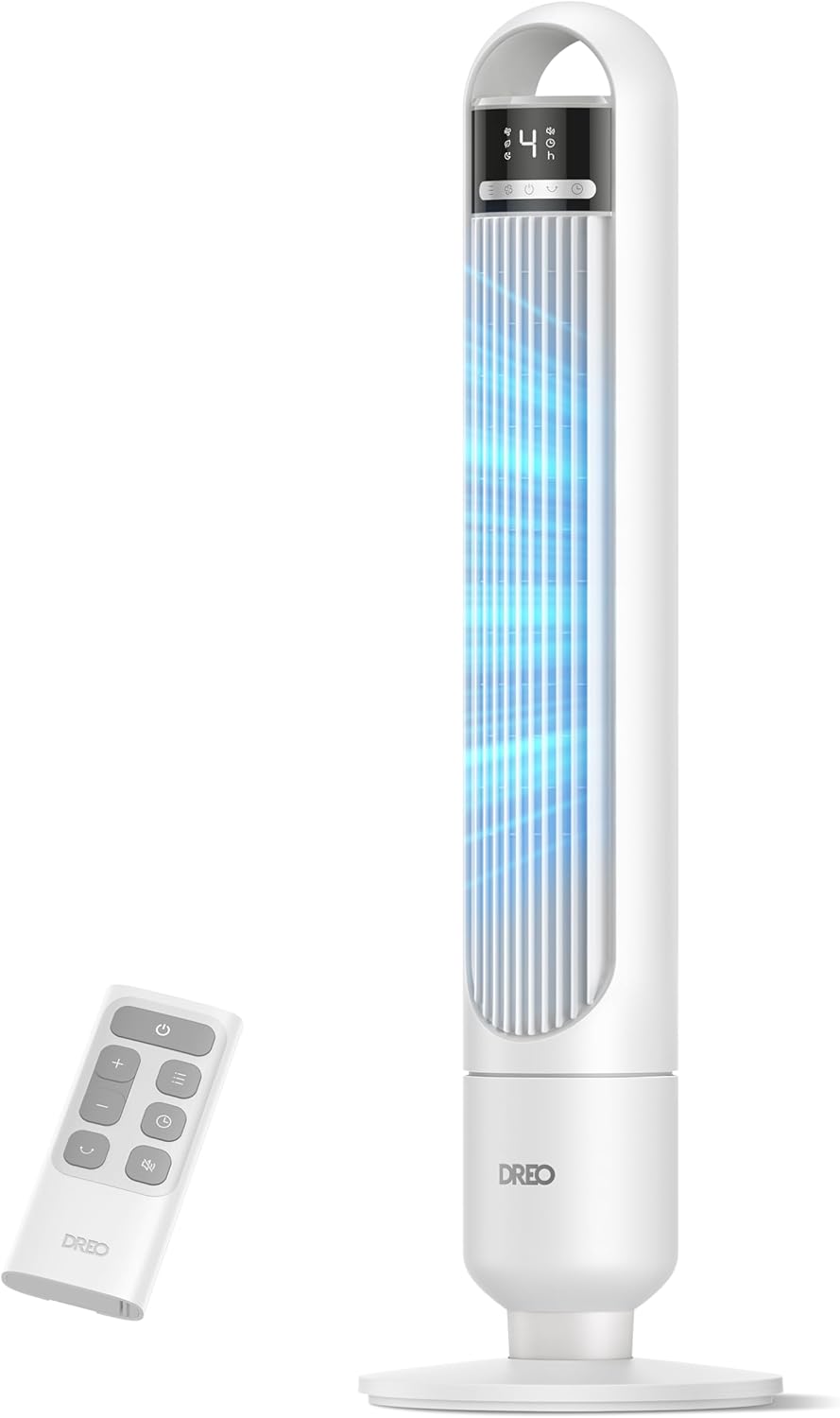 DREO Tower Fan for Bedroom, 26ft/s Velocity, 90° Oscillating, 8H Timer | 4 Speeds, 3 Modes, 28dB Quiet Standing Fan, Floor Fan for Room, Living Room, Office, Home, Cooling Fan with Remote, White