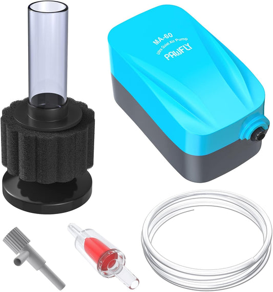 Pawfly Aquarium Air Pump with Nano Bio Sponge Filter Kit Air Control Valve Airline Tubing and Check Valve Accessories