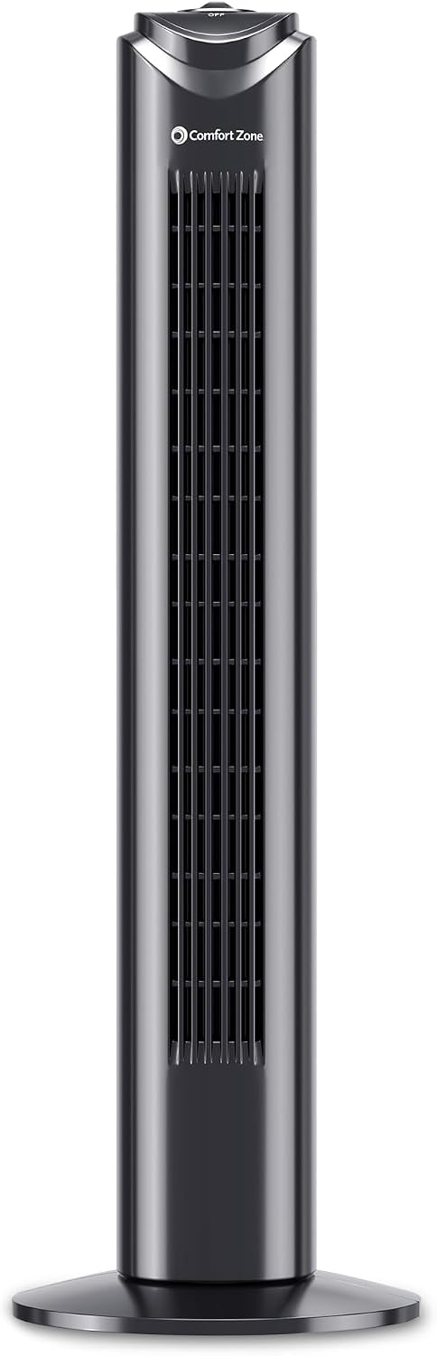 Comfort Zone 32-Inch Oscillating Tower Fan – Ultra-Slim Bladeless Design with 3 Speeds, 90° Wide Oscillation & Built-in Carry Handle – Quiet Portable Standing Fan for Bedroom, Home, or Office, Black