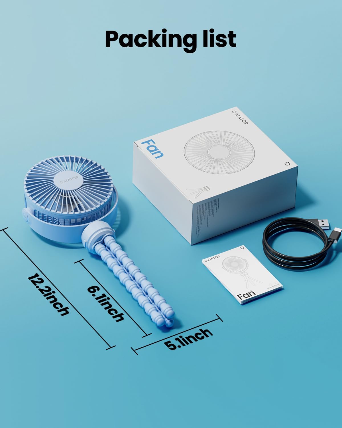 Gaiatop Mini Portable Stroller Fan, Small Clip on Fan Blue | Battery Operated Detachable, 3 Speed Rechargeable, 360° Rotate Flexible Tripod, Cooling for Car Seat Crib Treadmill Travel