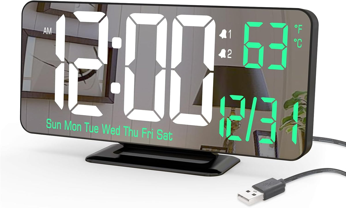 KOSUMOSU Alarm Clock for Bedroom, 6.7" Led Desk Digital Clock,Mirror Clock,Dual Alarm Clock for Living Room with Seconds,Date,Week,12/24h,Dimming,Temp