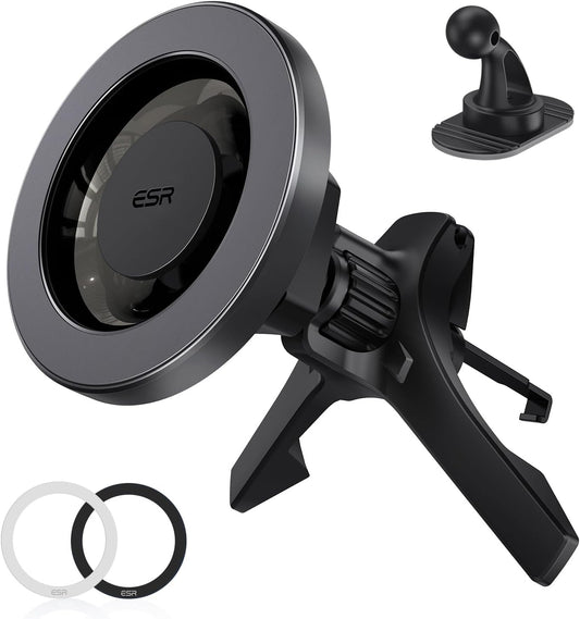 ESR for MagSafe Car Mount, Car Phone Holder for iPhone 17-12,Samsung/Google | Magnetic Phone Holder for Air Vent/Dashboard, for All Smartphones(2 Metal Rings Included), Charging Not Supported, Black