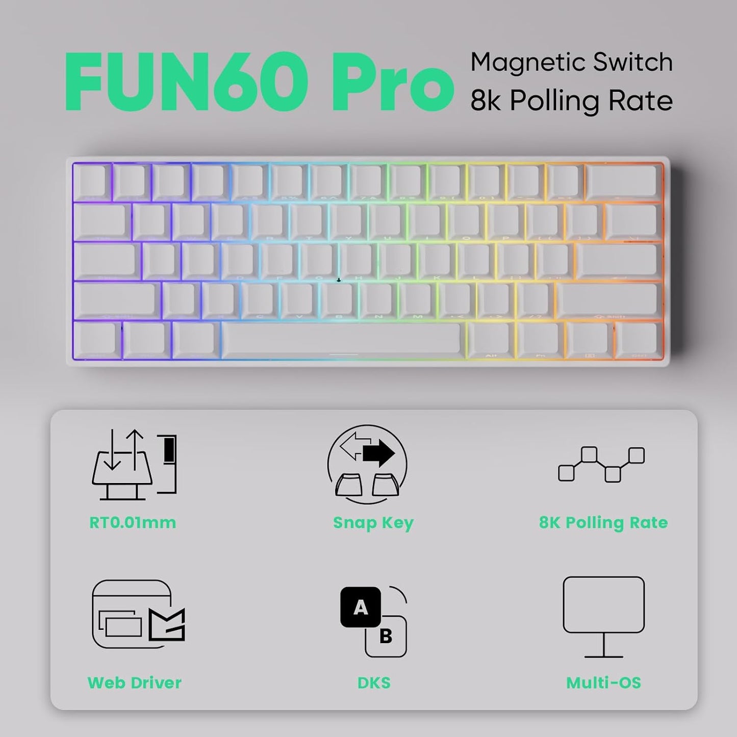 MONSGEEK FUN60 Pro Rapid Trigger Gaming Keyboard 16k Scan Rate SP Magnetic Switch HE Keyboard Wired 60% White Shine-Through (Glare Magnetic Switch)