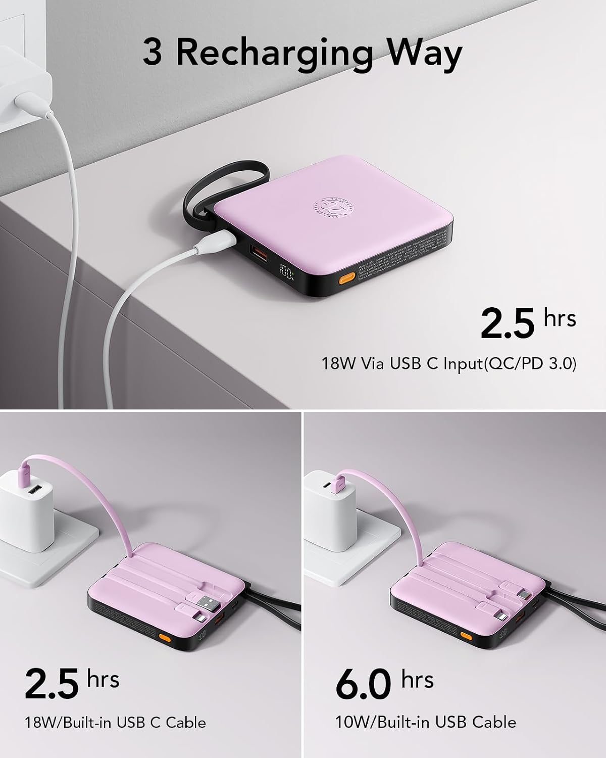VRURC Portable Charger 10000mAh Battery Pack, Cell Phone Power Bank, Purple | Built-in Cables, 22.5W Fast Charging, Slim, Travel Essentials, Airline-Approved, for iPhone 17/16/15 Series, Samsung Android
