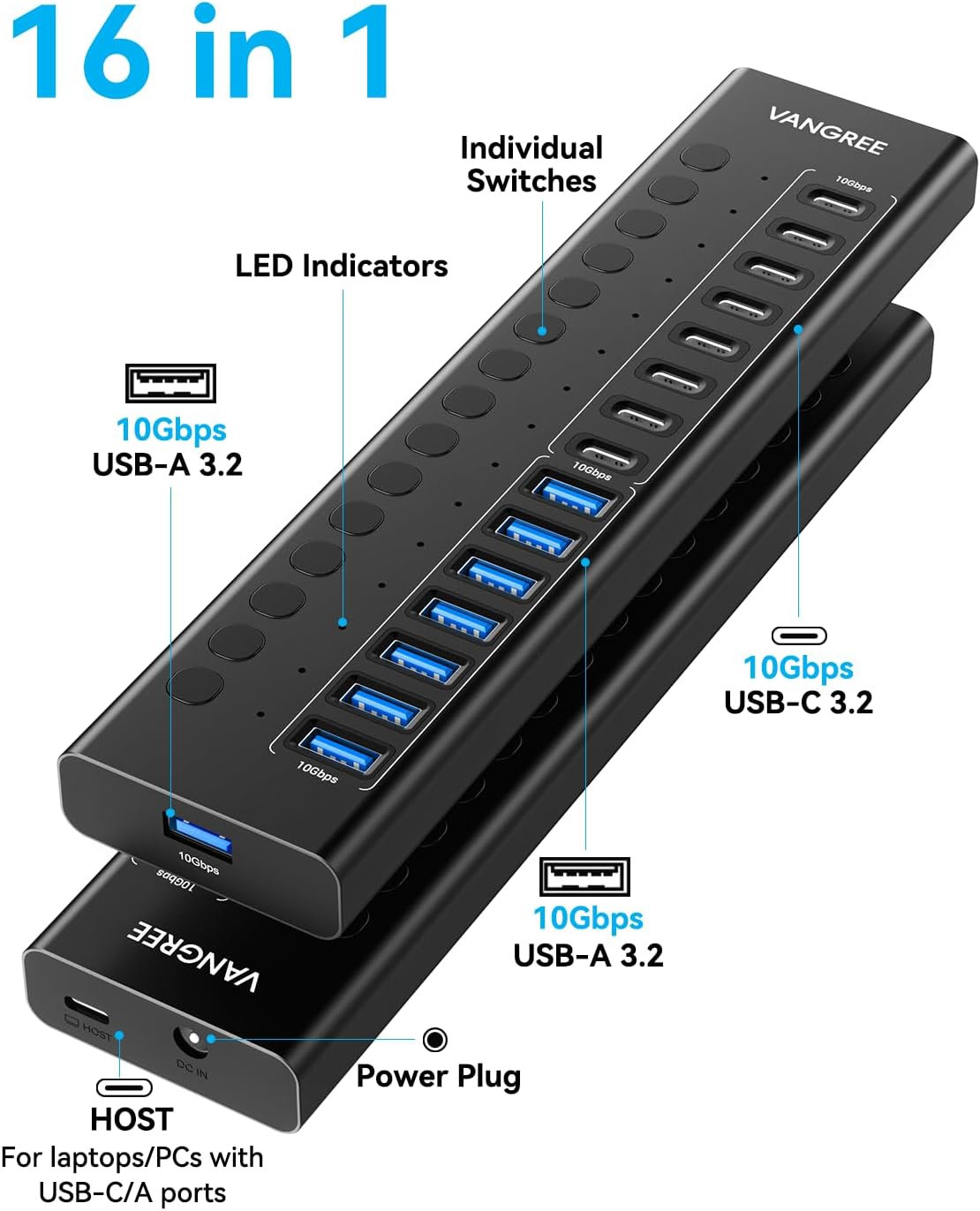 VANGREE Powered USB Hub,16 Ports 10Gbps USB C Hub, 8*USB-A 3.2+8*USB-C 3.2