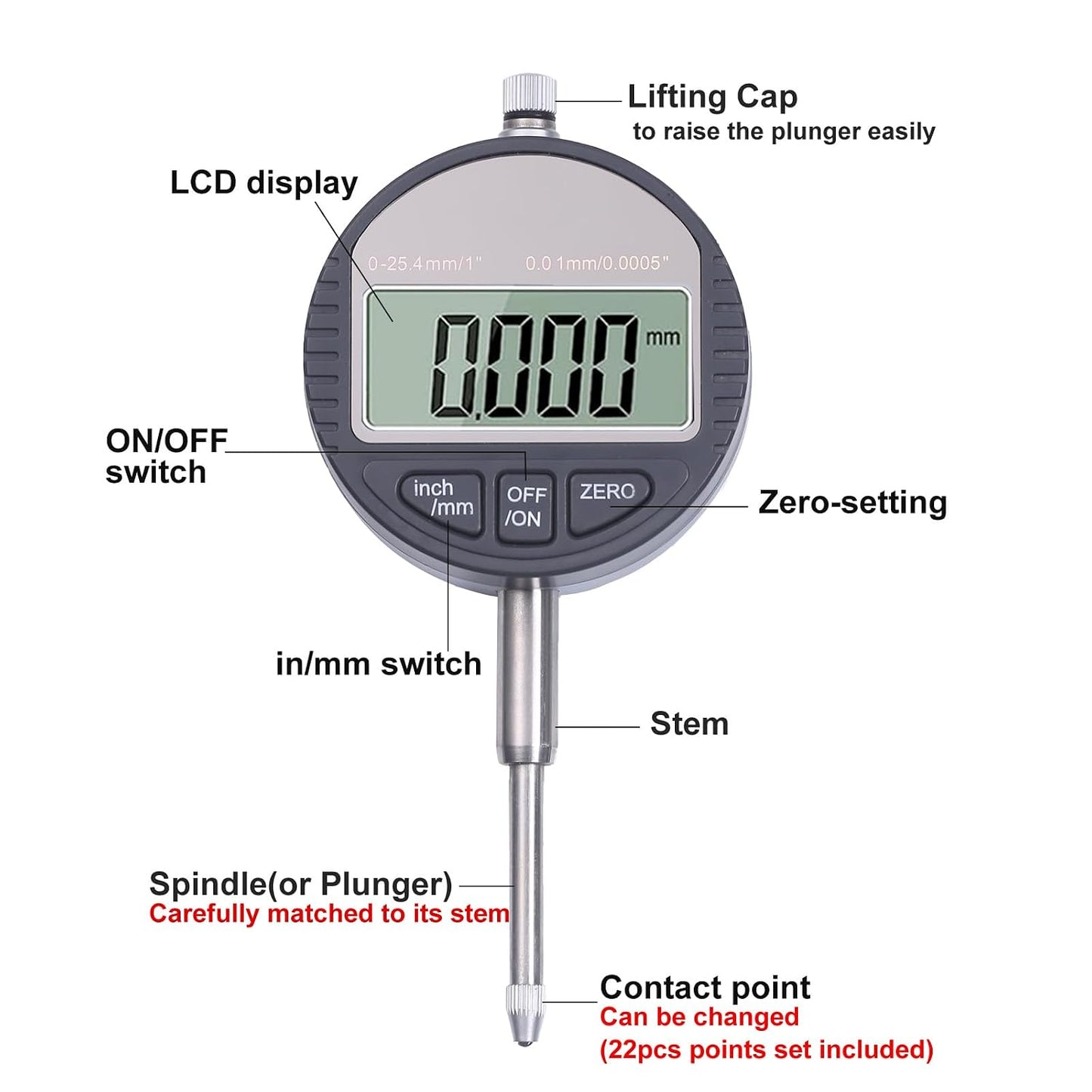 Electronic Digital Dial Indicator 0-1" / 25.4mm | with Magnetic Base Holder ,Fine Adjustable Long Arm ,Metric Conversion Professional Gauge 0.01mm/0.001"