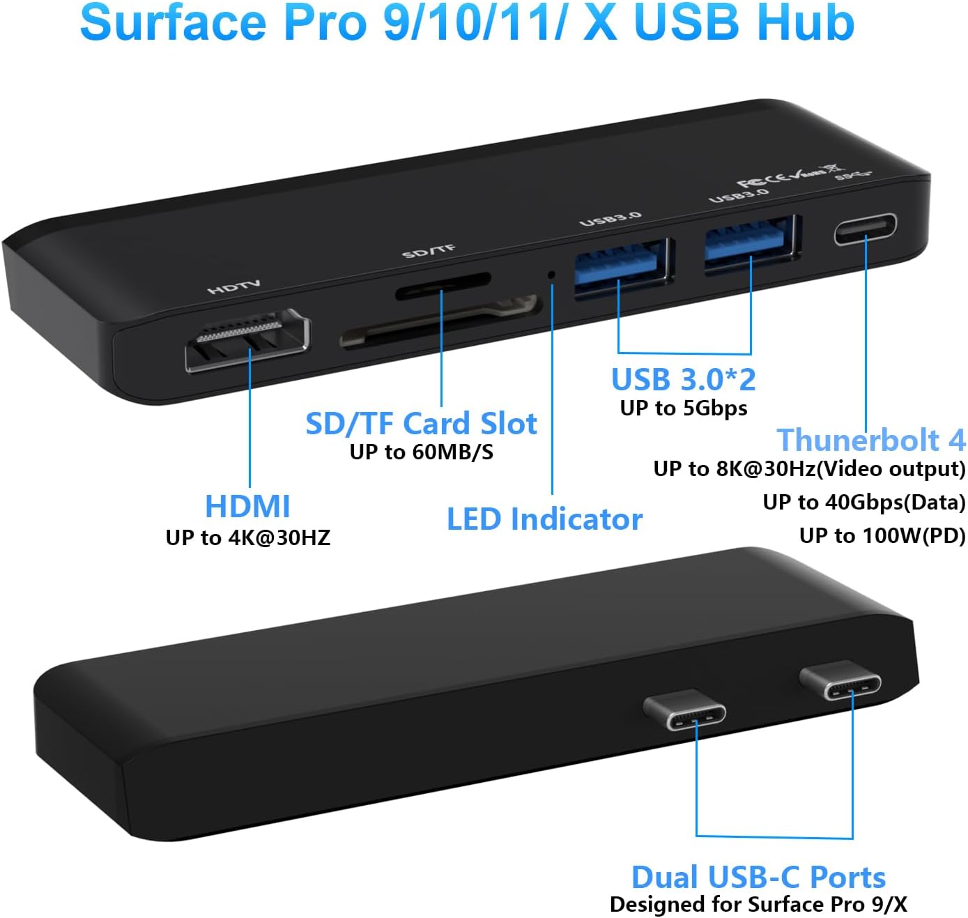 Surface Pro 9/10/11/X Accessories, Surface Pro 9 Docking Station with 4K HDMI, USB-C Thunerbolt 4 (Display+Data+PD Charging), 2 USB 3.0, SD/TF Card Reader for Surface Pro 9/Pro10/Pro11/ProX
