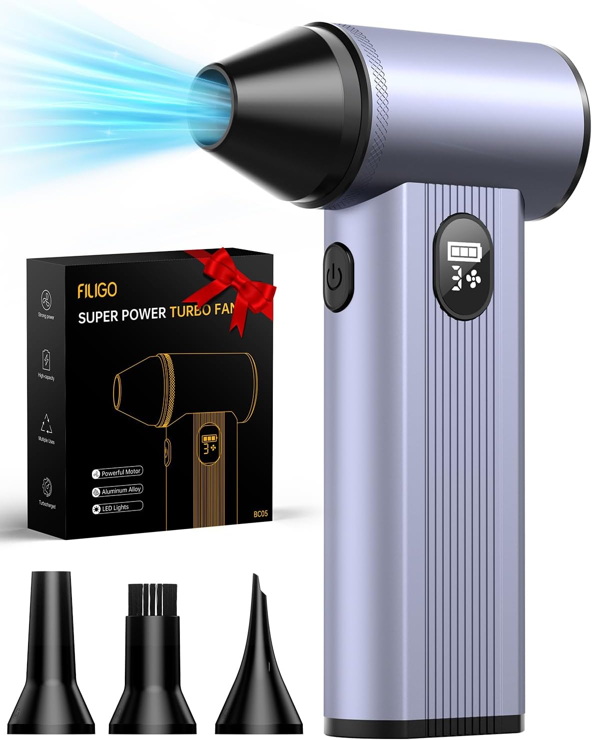 Compressed Air Duster with150,000RPM Brushless Motor, 8000mAh Battery, LED Light, 4-Gear Adjustable Electric Air Blower for Home, Car, Computer, Outdoor, Camera Len