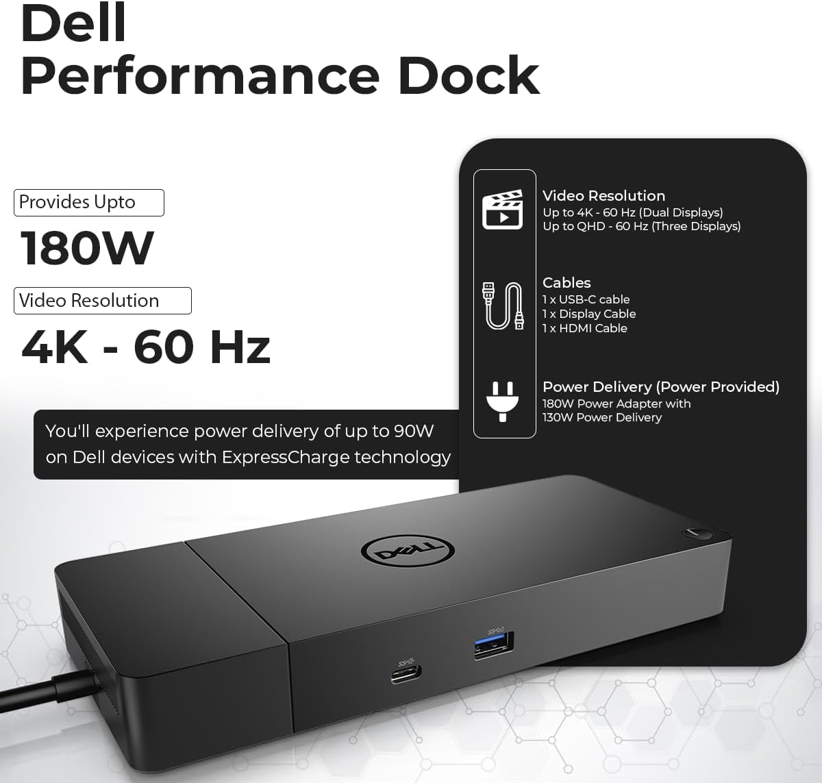 Dell WD19S Docking Station 180W (130W Power Delivery) - Dell Docking Station Dual Monitor, Dock Station with 180W Power Supply + HDMI Cable + DP Cable + USB-C Cable + Microfiber Cloth