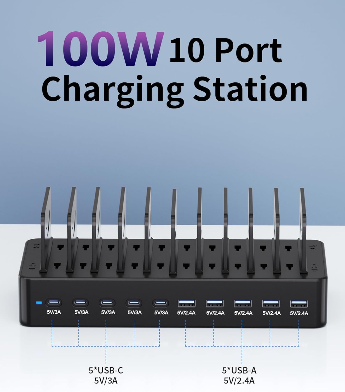 100W Charging Station for Multiple Devices, 10-Port USB Fast Charging Station with Adjustable Dividers & 10 Cables- Multi Device Organizer Charging Dock for iPhone, iPad, Tablets & More(Black)