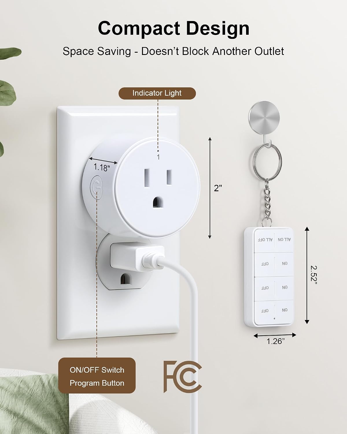 Remote Control Outlet with All On/Off Switch, 200FT Long Range | 200FT Wireless Range, Mini Round Outlet Plug, 15A/1875W, for Lamps/Lights/Household Appliances, FCC listed, Pre-Programmed