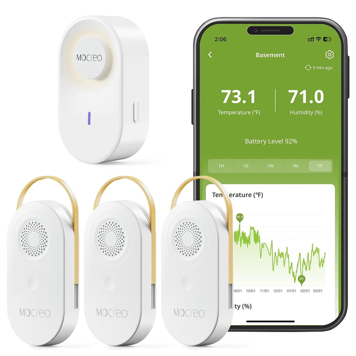 MOCREO 2000ft Remote Temperature Humidity Monitor, 3 Sensors, Freeze Alert