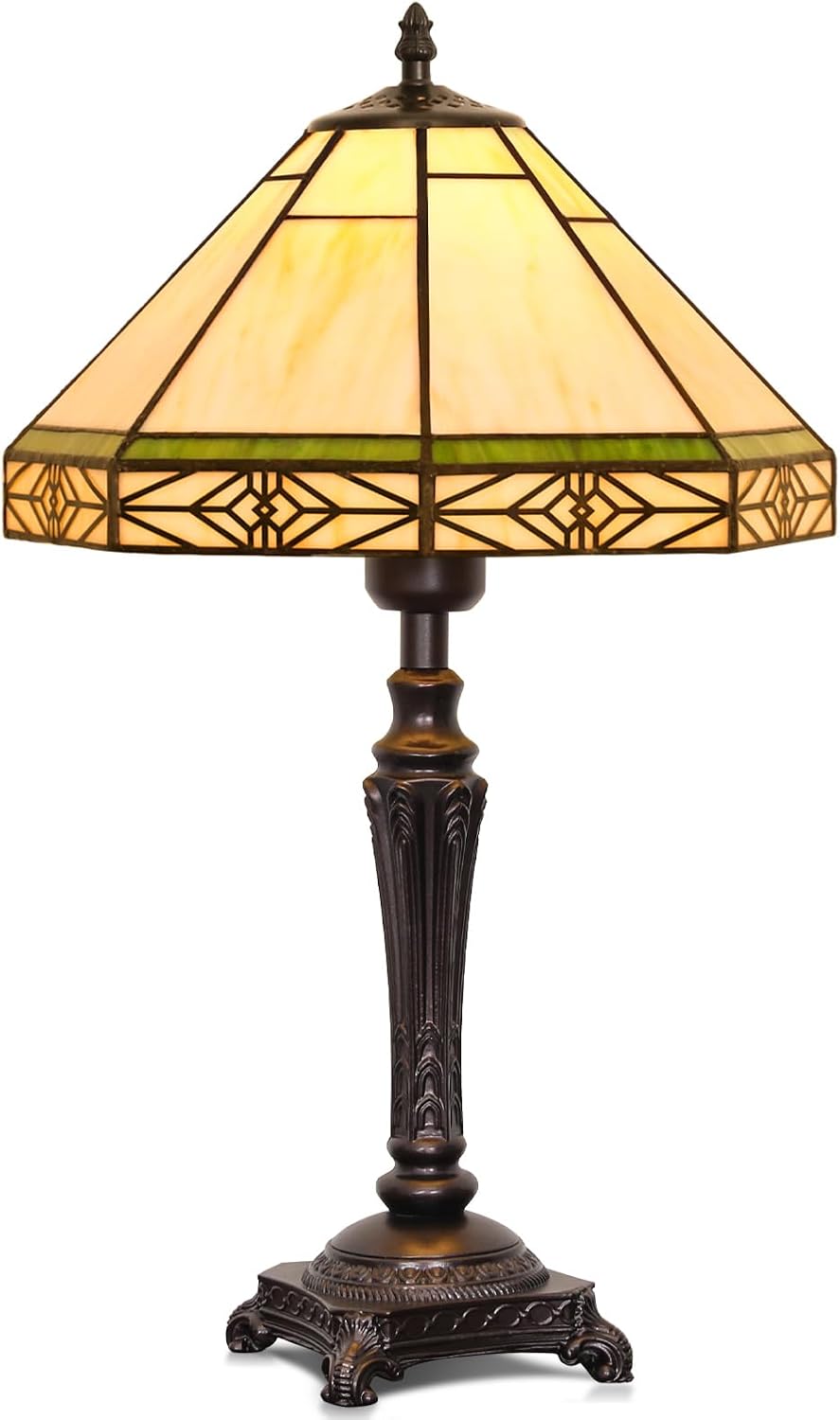 Table Lamp with Stained Glass Shade, Vintage Style Desk Lamp, Mid Century Modern Bedside Nightstand Decorative Lamps with Rocker Switch, Unique Accent Light for Bedroom Living Room Office (E26 Base)