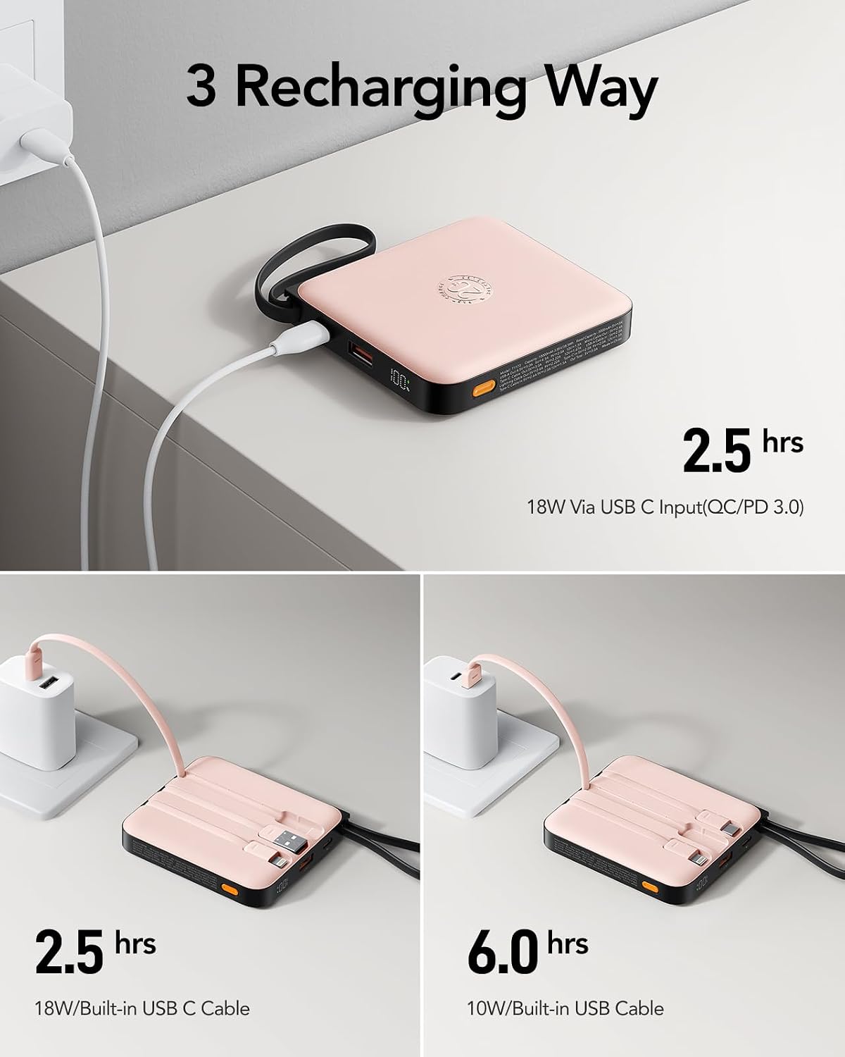 VRURC Portable Charger for iPhone Built-in Cables, 22.5W USB C Fast Charging 10000mAh Pocket Power Bank, Battery Pack for iPhone 17/16/15 & Samsung Galaxy Android Phone, Pink(1 Pack)