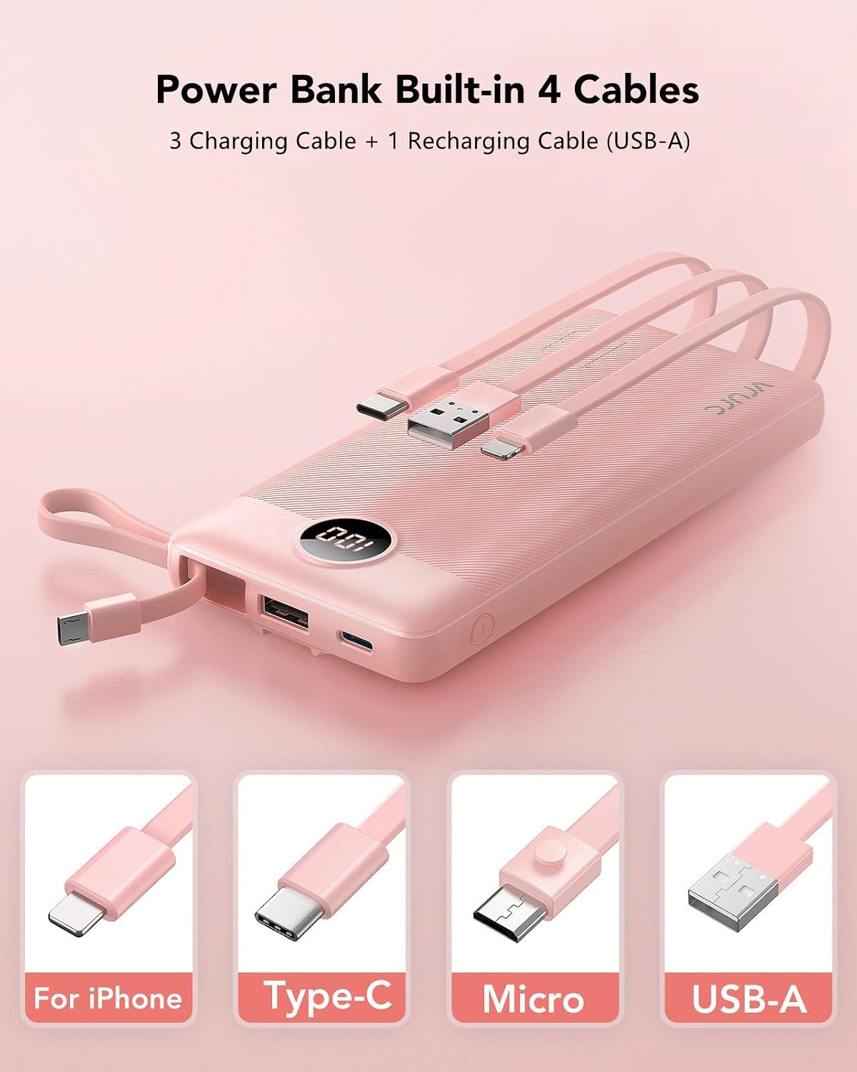 VRURC Portable Charger Power Bank, Built-in 4 Cables &amp; 2 Ports,10000mAh Slim Battery Pack with LED Display, Travel Essential USB C Portable Phone Charger for All Cell Phones Devices-Pink(1 Pack)
