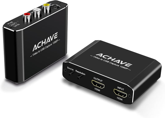 ACHAVE Video to USB Audio Video Capture with HDMI Output,VHS to Digital Converter-Input HDMI, AV, RCA, S-Video, VCR, VHS, Camcorder, Video8, Hi8, DVD, Gaming Systems - USB-C Plug & Play