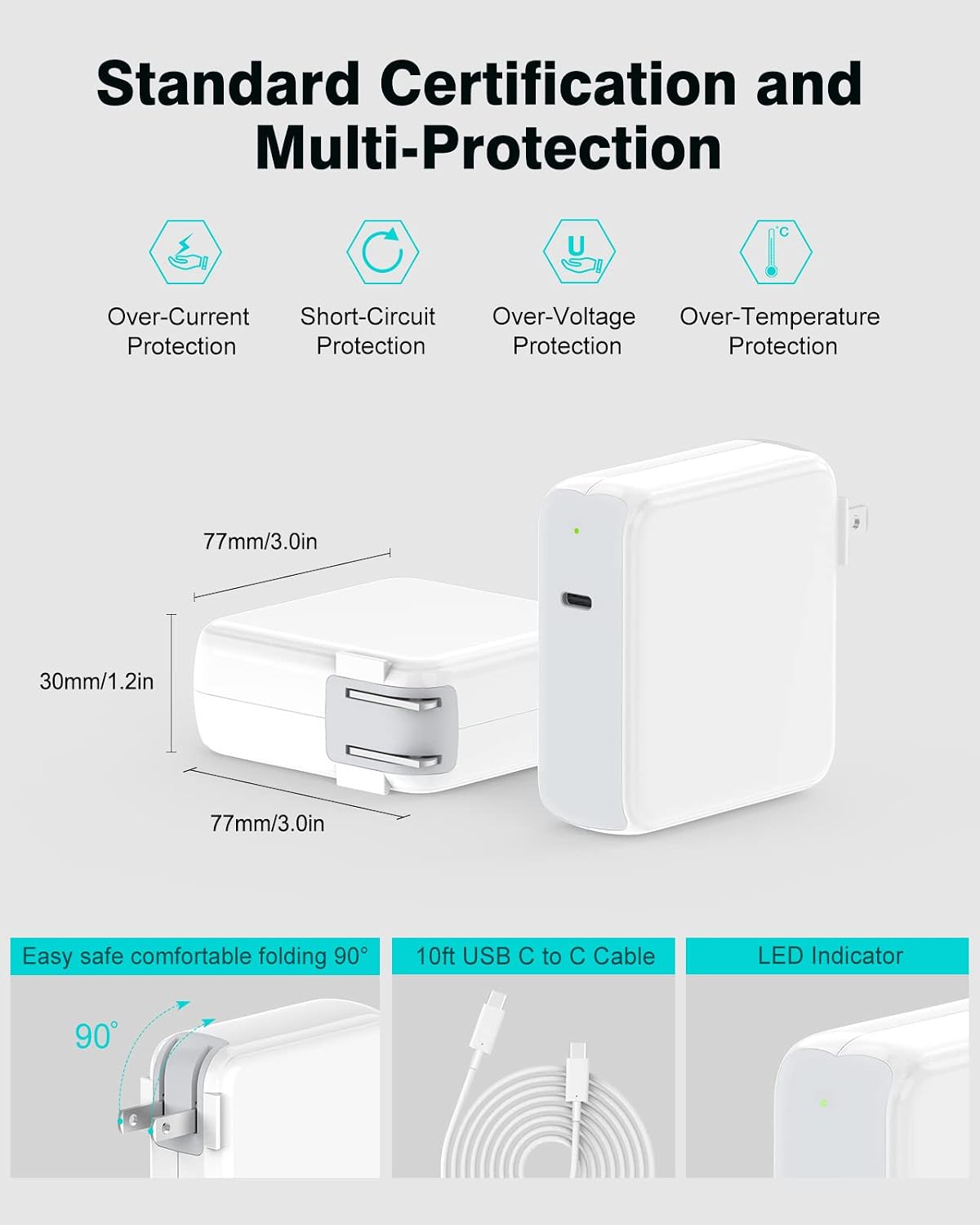 10ft Charger for MacBook Pro/Air 16, 15, 14, 13 inch 2025, 2024, 2023, 2022, 2021, 2020, M1 M2 M3 M4, 96W USB C Power Adapter, LED, 100W USB-C Cable Charging as Fast as Original Quality