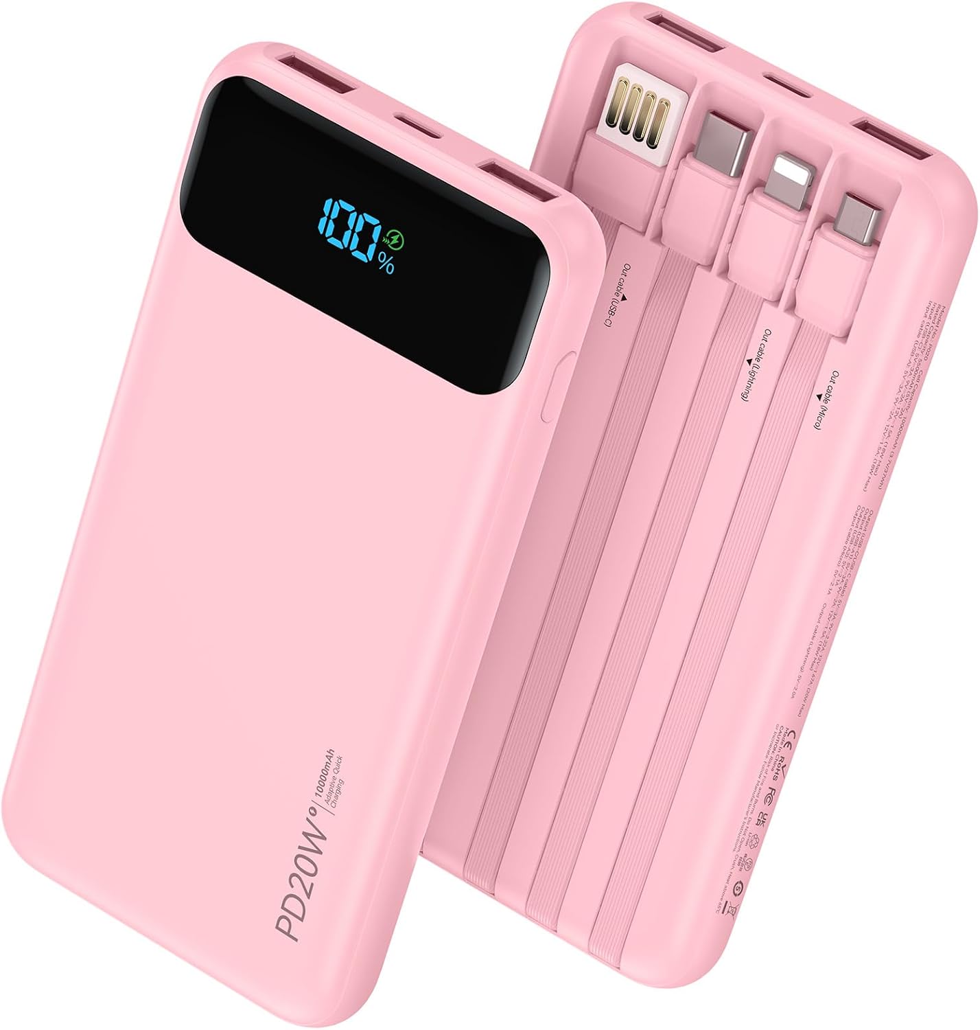 Nusyddy Portable Charger 10000mAh PD20W w/4 Built-in Cables/6 Outputs Pink | PD20W Fast Charging, LED Display, Pass Through Charging, Charge 6 Devices at once, TSA Approved, Fits iPhone, iPad, Samsung