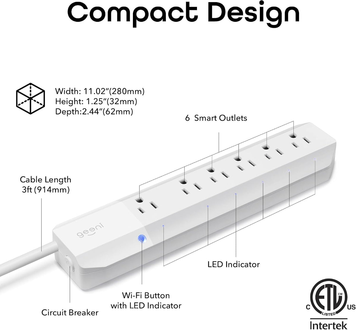 Geeni Smart Surge Protector Power Strip with 6 Wi-Fi Outlets, 3 ft. Cord