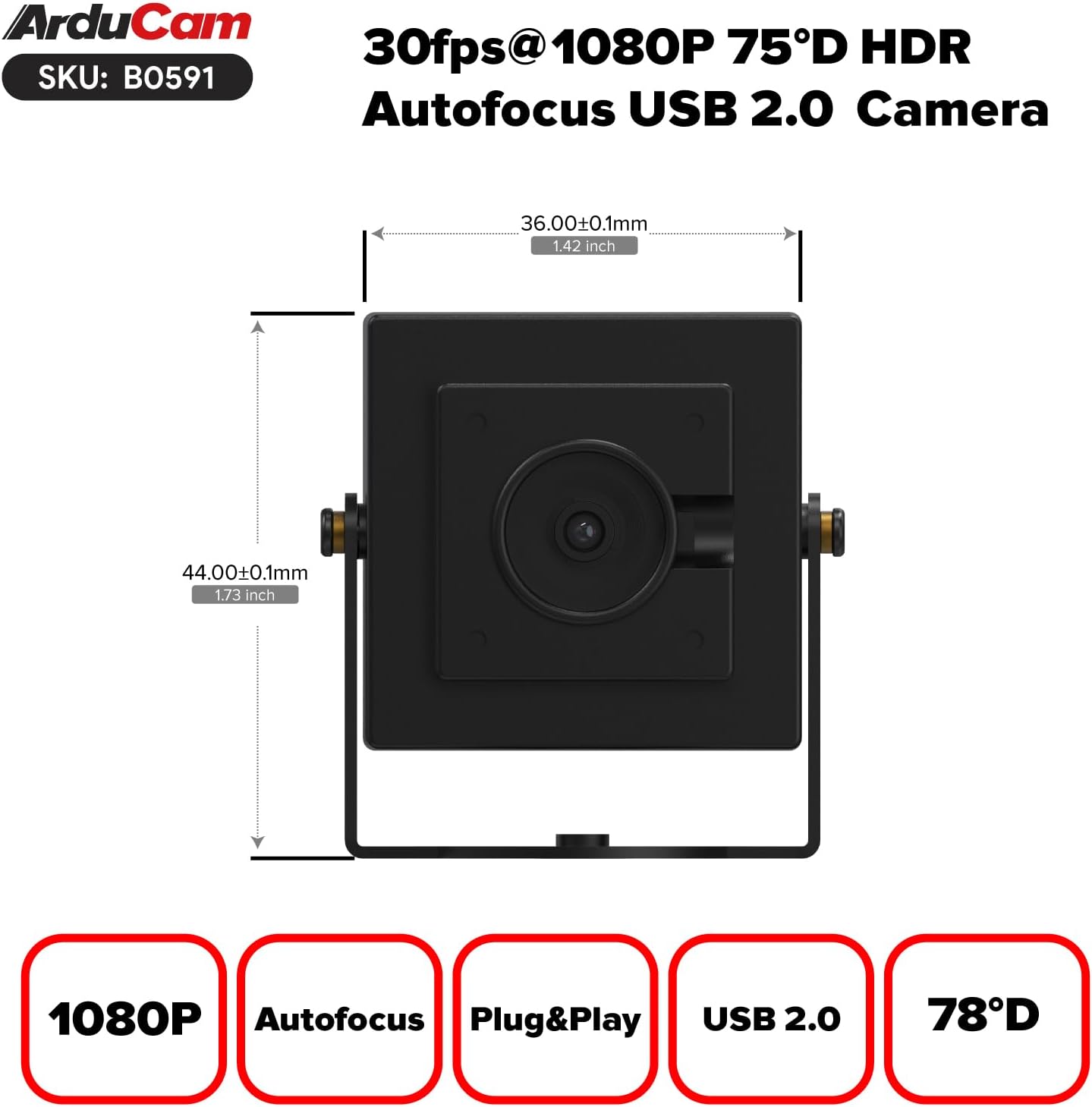 Arducam 30fps@1080P HDR USB Camera Module, 78°(D) Autofocus UVC Camera, Mini Webcam for Windows, Linux, Mac OS, Android