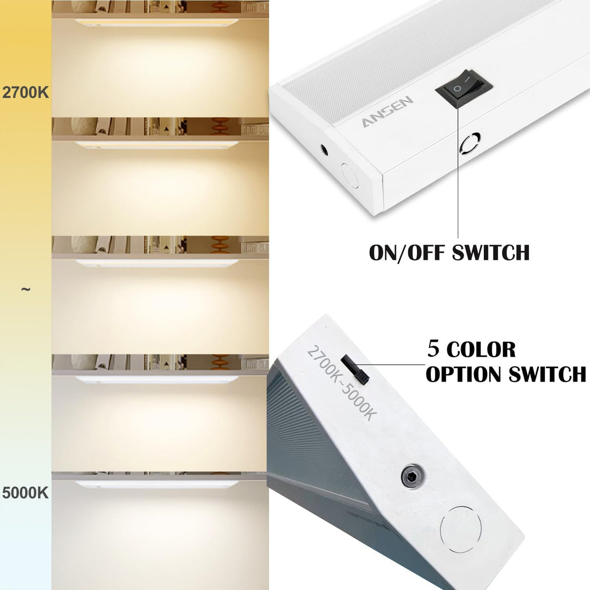 Ansen 2Packs of Under Cabinet Lighting Hardwired, 12in 10W 666LM Dimmable Led Light for Kitchen/Closet, CRI 92+, R9 90+, 5 Color Temperature, 2700K-5000K(Warm White, Cool White, Daylight)