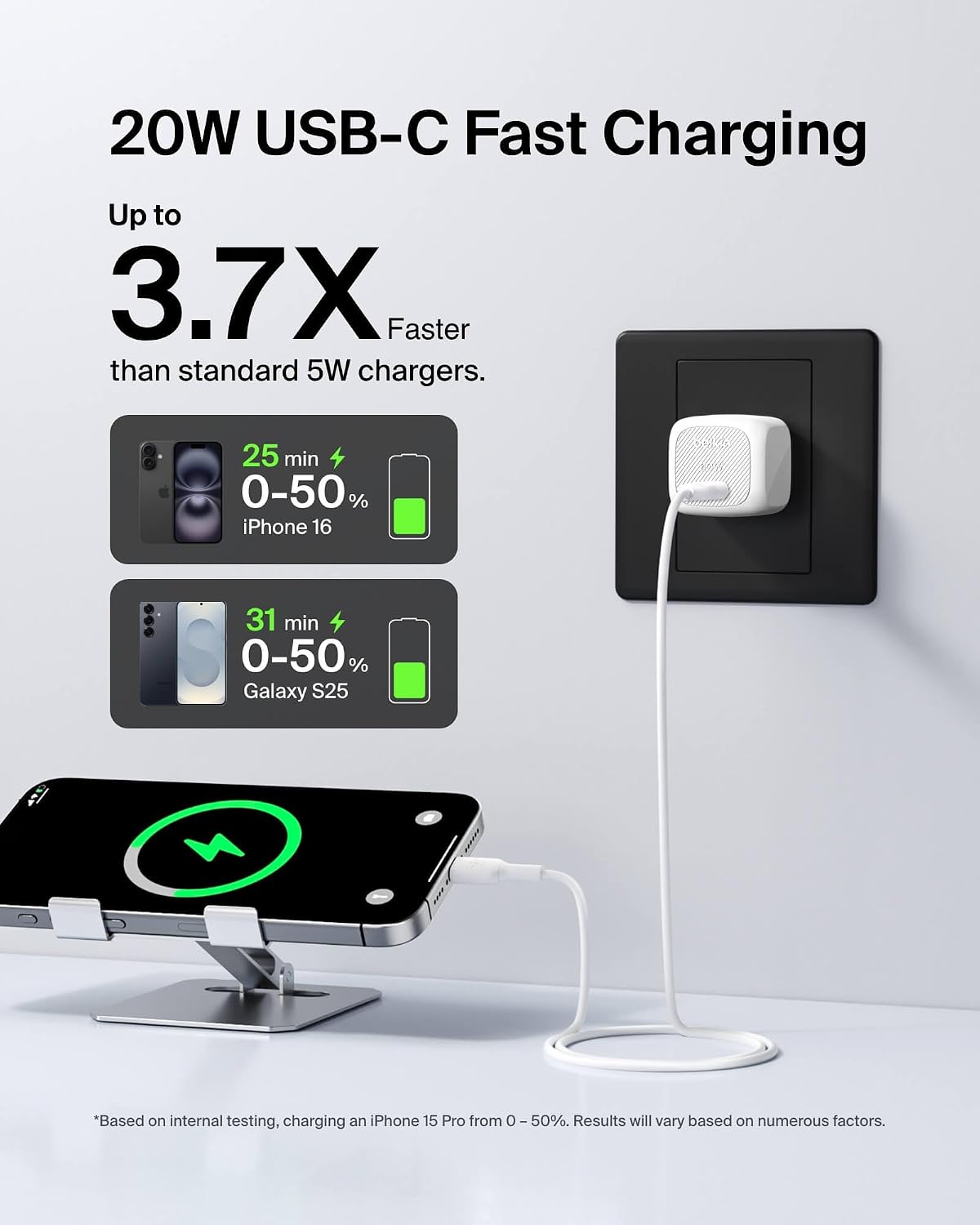 Belkin 20W Compact USB C Charger Block, Fast Charging for Travel | PD 3.1, Travel Charger, iPad, iPhone 17, Samsung Galaxy, Pixel, AirPods, Apple Watch, Nintendo Switch 2, Foldable Prongs