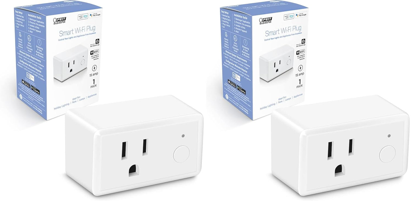Feit Electric Smart Plug, WiFi Plug Compatible with Alexa and Google Home, Indoor Plug, No Hub Required, 2.4Ghz Network, Remote Control from Anywhere, 15 AMP, Smart Outlet Plug, White (Pack of 2)