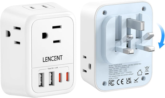 LENCENT Foldable US to UK Ireland Plug Adapter, Type G Travel Adapter | with 4 USB Charger(2 USB C), Power Adaptor for USA to Scotland Dubai Hong Kong England British Kenya London