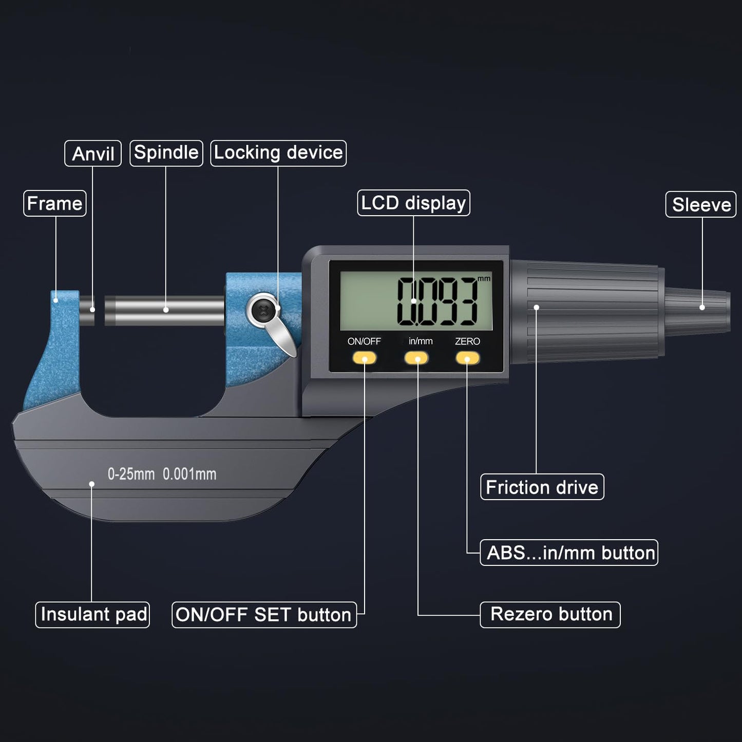 HDLKNAK Digital Outside Micrometer 0-1”, 0.00005"/0.001mm Precision(Blue) | Micrometer Precision Carbide Tipped Measuring Tool, Inch/Metric Dual Reading, Machinist Thickness Gauge with Large LCD