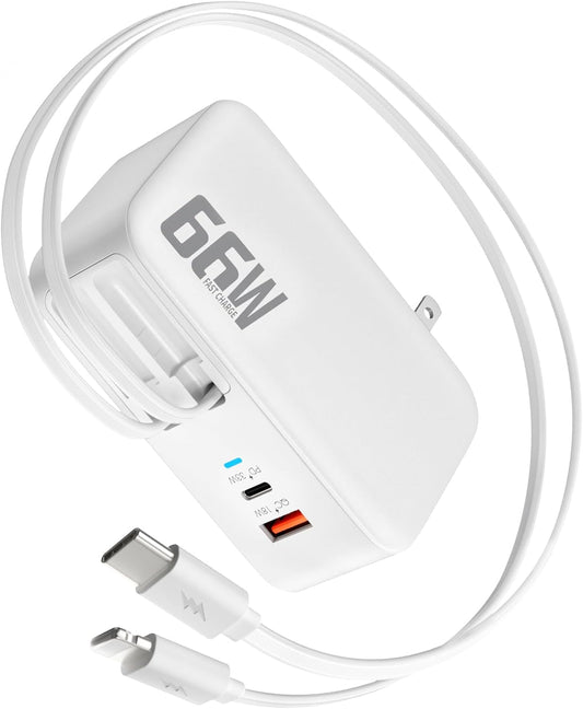66W Retractable Wall Charger,4-in-1 Plug with USB-C&Lightening Fast Charger | 4-in-1 Plug with Type C&Lightening Cord Fast Charger for iPhone 17,Fast Charging Block for Mac Book,iPad,Galaxy,Pixel