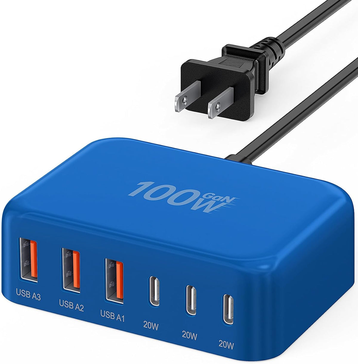 USB Fast Charger Block 50% Smaller 100W Max 6-Port GaN USB Charging Station