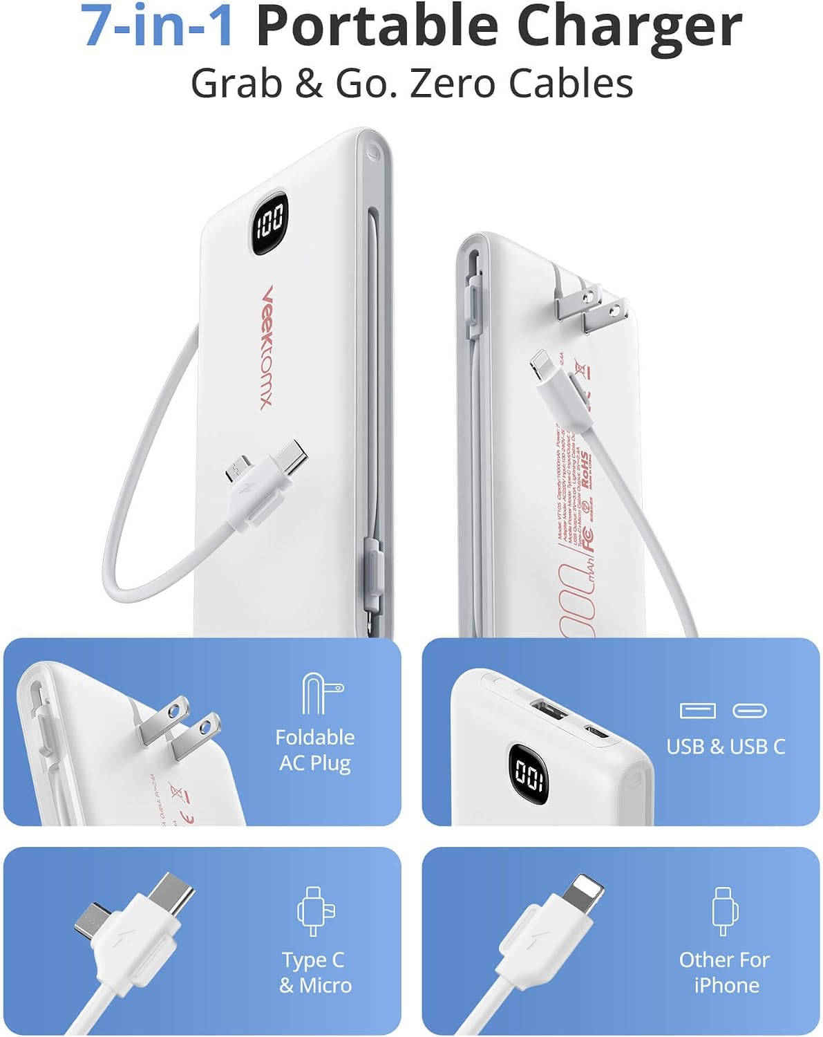 VEEKTOMX 10000mAh Portable Charger with Built-in Cables & Wall Plug | Fast Charging Slim USB-C Power Bank for iPhone, Samsung, iPad | 5 Outputs, Charges 4 Devices | Travel Ready, ETL Certified