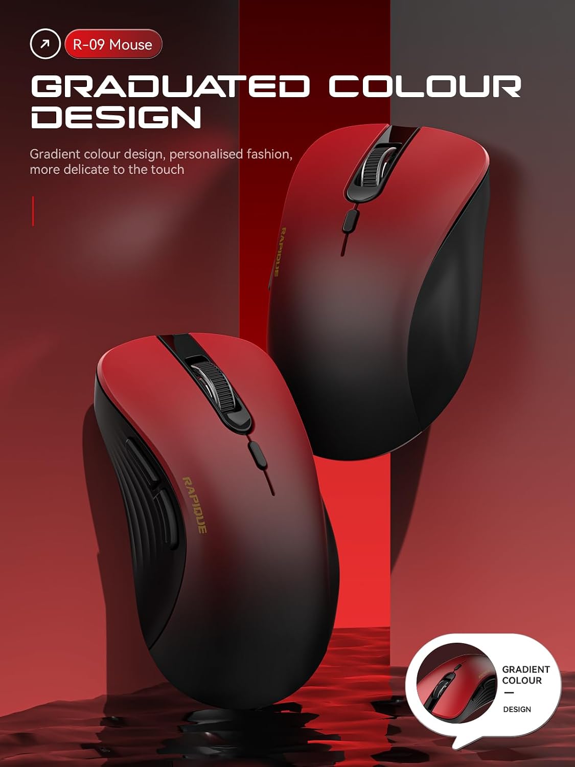 RAPIQUE Bluetooth Wireless Mouse, Dual Bluetooth & 2.4 GHz, Gradient Red | Quiet Clicks, Right-Hand Ergonomic 6 Button, Adjustable DPI, AA Battery, 3-Device Switching for Laptop, PC, Tablet, MacBook