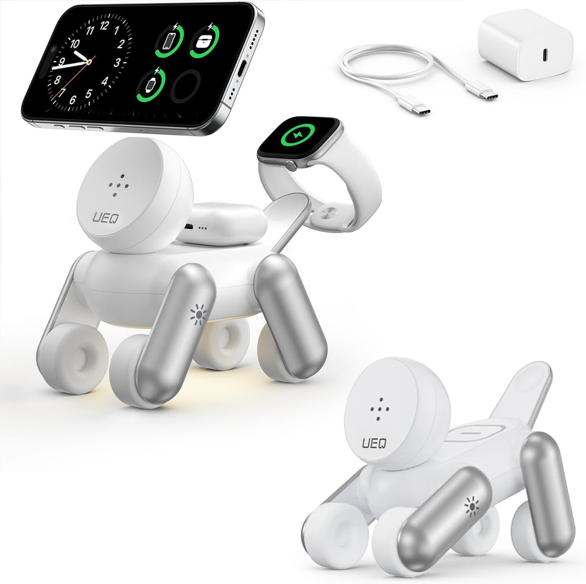 UEQ 3 in 1 Wireless Charging Station for Apple Devices,Foldable Cute Magnetic Mag-Safe Wireless Charger Stand with Night Light for iPhone 17 Air 16 15 14 13 12 Series,AirPods 4 3 2 Pro,Apple Watch