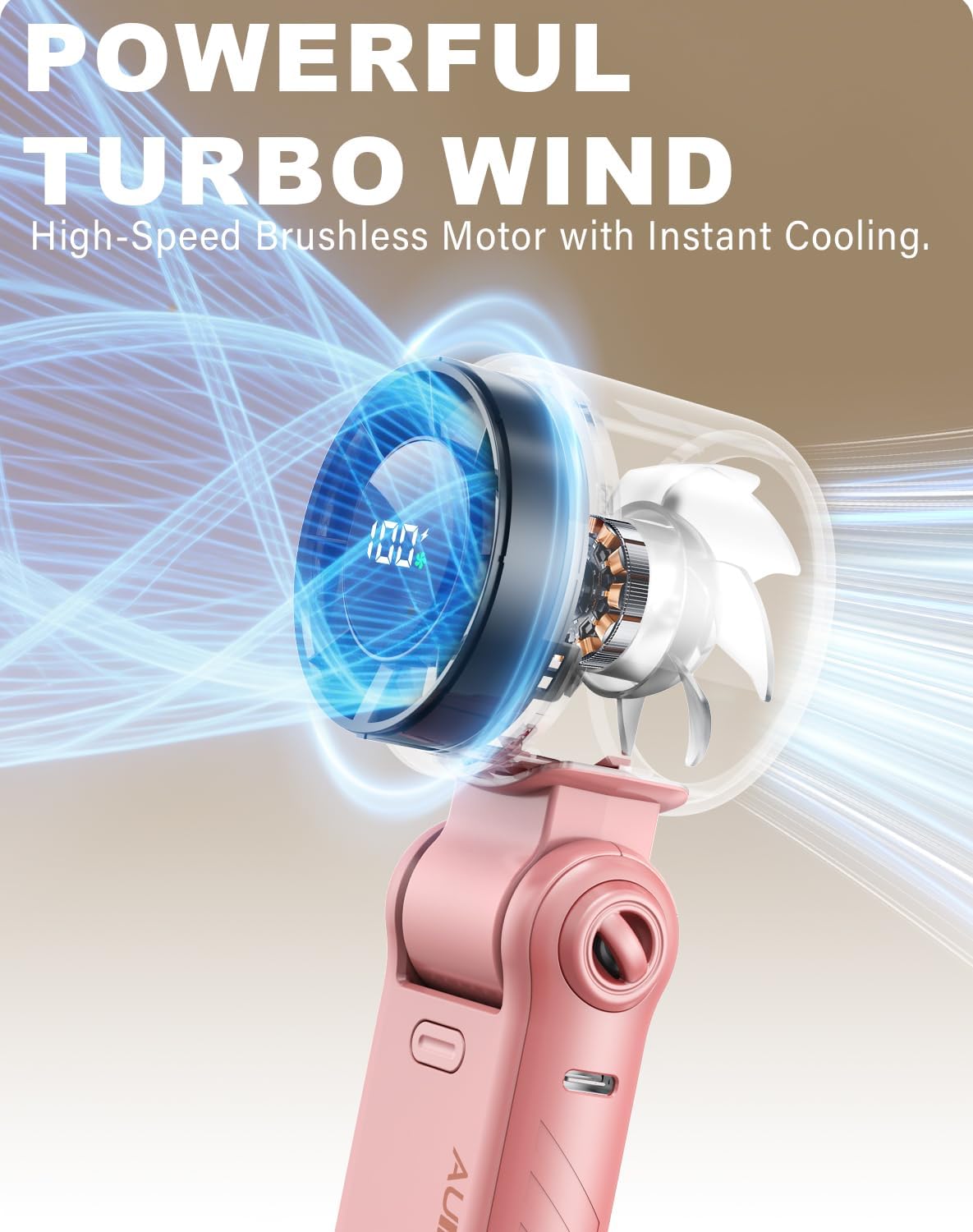 Portable Handheld Turbo Fan - 5 Speed Mini Personal Fan with Strong Airflow, Foldable 3 in 1 Rechargeable Battery Operated Trave Essentials Hand Fans for Indoor/Outdoor Use, Pink
