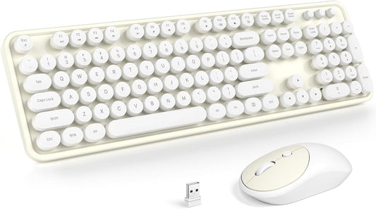 MOFII Wireless Keyboard and Mouse Combo, Computer Full Size 2.4G Plug and Play Wireless Typewriter Retro Round Keyboard and Mouse Set for Windows, Computer, Desktop, PC, Notebook - (Off White)