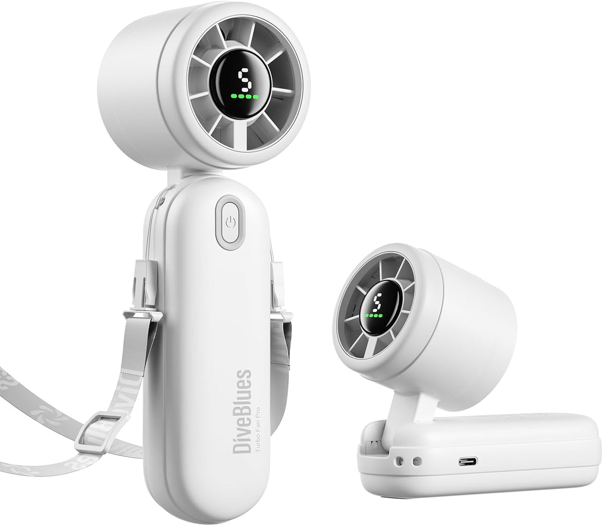 Diveblues Mini Portable Handheld Turbo Fan 27ft/s, 4000mAh Battery | 12H Max Cooling, 5 Speeds, LED Display, Quiet Motor, 3-in-1 Handheld/Neck/Desk Fan for Travel, Cruise & Disney Essentials