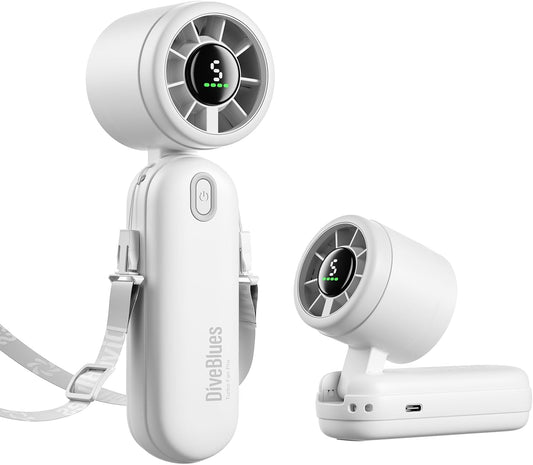 Diveblues Mini Portable Handheld Turbo Fan 27ft/s, 4000mAh Battery | 12H Max Cooling, 5 Speeds, LED Display, Quiet Motor, 3-in-1 Handheld/Neck/Desk Fan for Travel, Cruise & Disney Essentials
