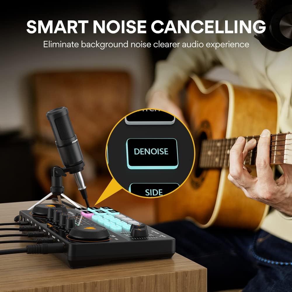 MAONO Podcast Equipment Bundle with Audio Mixer & 3.5mm Mic for Streaming | All-in-one audio production, PC and smartphone-compatible, 4 custom soundpads, for creators, home podcast setup AU-AM200-S1