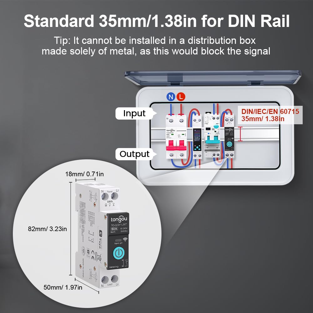 TONGOU DIY 1P+N Smart Wi-Fi Switch, Work with Alexa and Google Assistant for Voice Control, 50A with Energy Monitor, Smart Life/Tuya APP Remote Control, Timer Functions, DIN Rail Mounted,FCC Certified