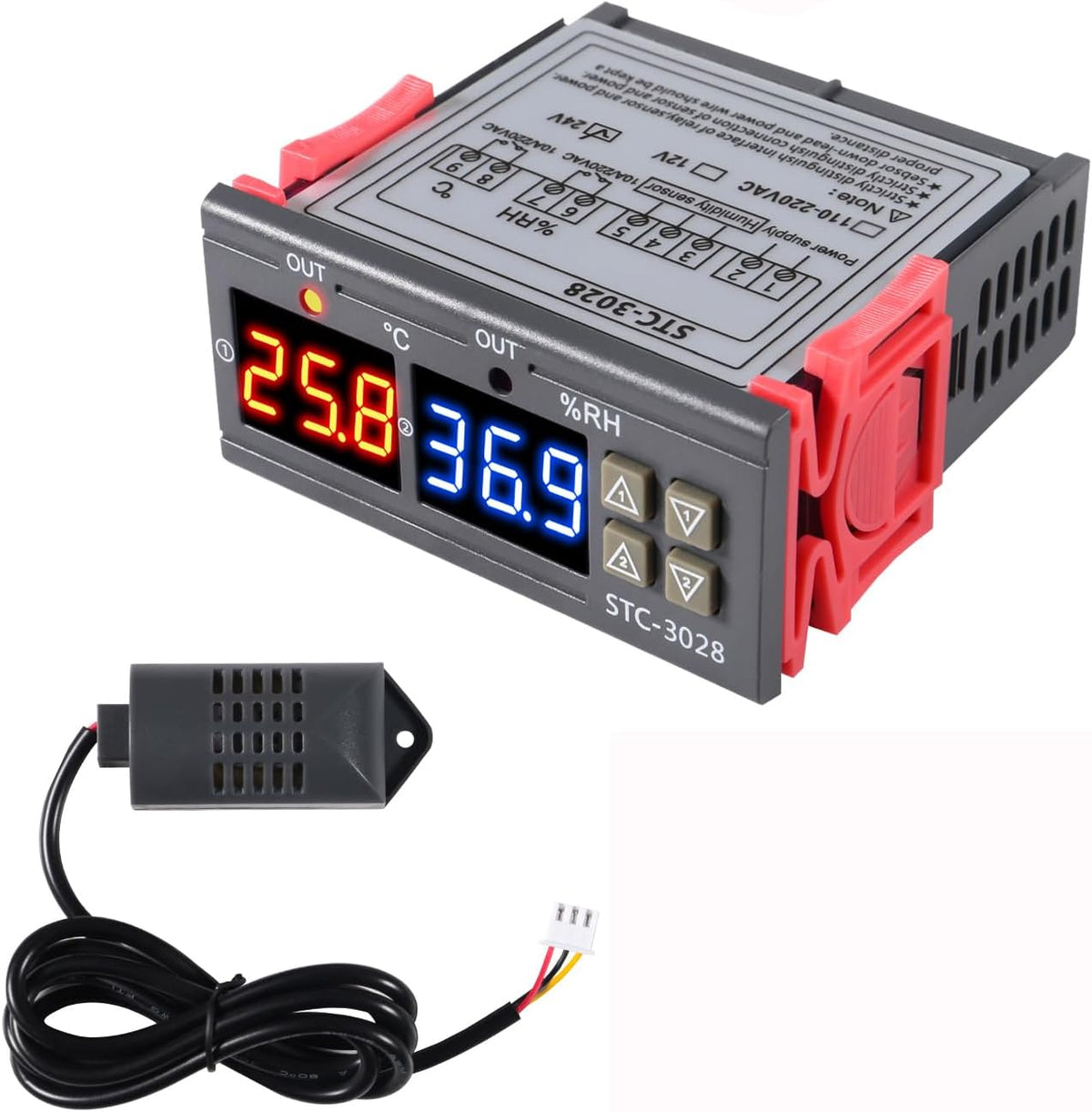STC-3028 Temperature Controller 12V Temperature and Humidity Controller Meter with Integrated Sensor Dual Digital Display Thermometer Hygrometer Incubator Controller